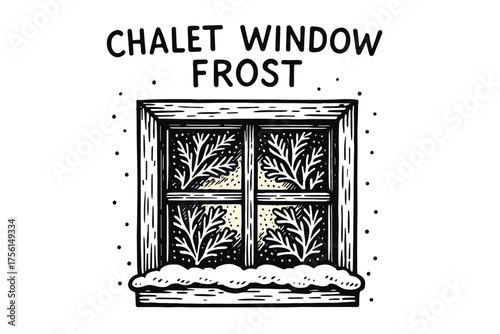 Black and white line art of a wooden chalet window adorned with intricate frost patterns and a layer of snow on the sill.