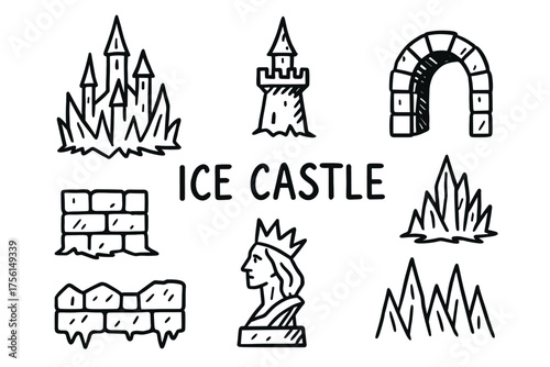 Black outline vector icons of ice castle elements, including towers, walls, a gate, and a crowned figure's bust, for winter and fairytale themes.