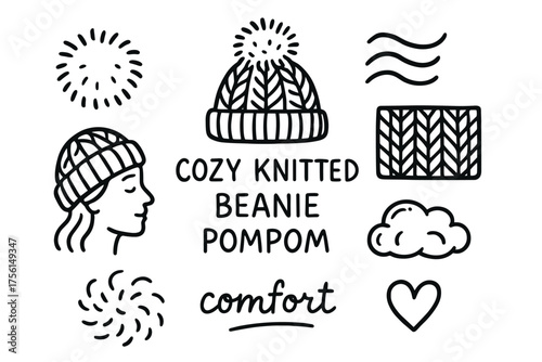 Black and white line art of cozy knitted beanie with pompom, decorative elements, and text related to comfort and style.