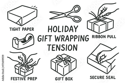 Black outline icons of holiday gift wrapping essentials, including scissors, tape, and a perfectly tied gift box in a minimalist style.