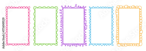 Sketch-style scalloped frames with scalloped edges and a pencil doodle texture. A simple collection of vector frames with colorful lines for cards, journals, retro stationery, and decorative designs