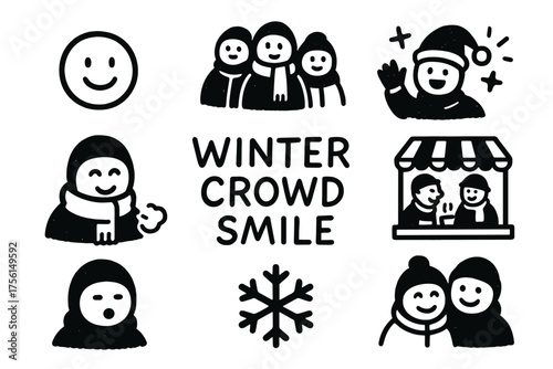 Black and white illustrations of winter-themed icons, including smiling faces, people in winter attire, and a snowflake.