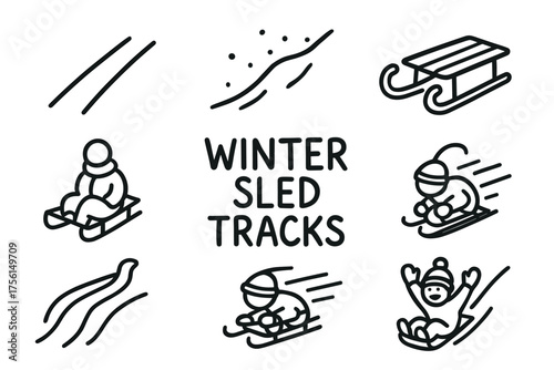 Black outline icons of sledding activities, including children sledding, sleds, and sled tracks, with a central "winter sled tracks" text.