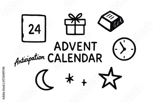 Hand-drawn black outline illustrations of an advent calendar, gift, chocolate, clock, crescent moon, and stars on a plain background.