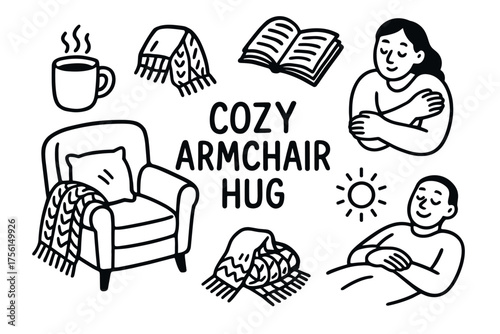 Black and white illustration featuring an armchair with a blanket, a steaming mug, a book, and two content individuals wrapped in blankets.