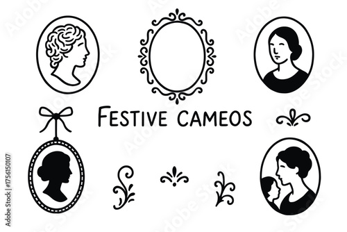 Collection of black silhouette cameo portraits featuring various historical figures and ornate frames, labeled 'festive cameos'.