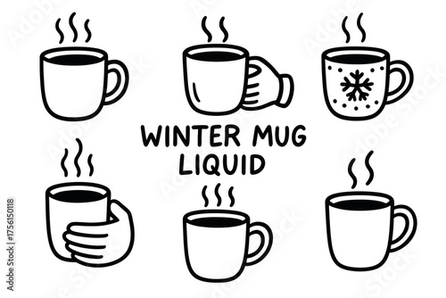 Black outline vector icons of steaming coffee mugs with simple designs, including a hand holding a mug and a snowflake-decorated cup.