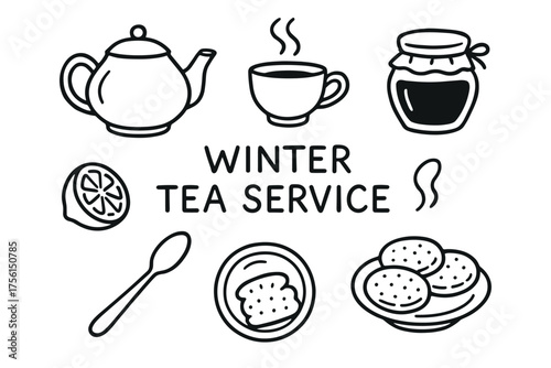 Black and white outline drawings depicting a teapot, steaming cup, jam jar, lemon slice, spoon, bread slice, and cookies, labeled "winter tea service.