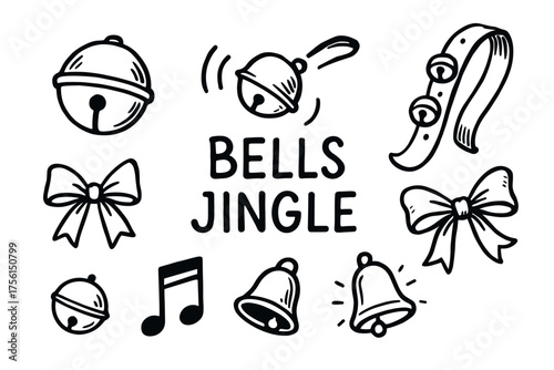 Hand-drawn jingle bells, musical notes, and bows creating a festive theme with a ringing bell and decorative bow elements.