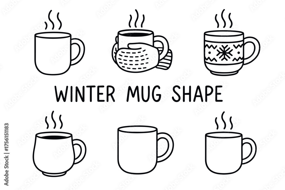 Obraz premium Black outline illustration of six different steaming mugs, including one with winter mittens and one with a snowflake pattern.