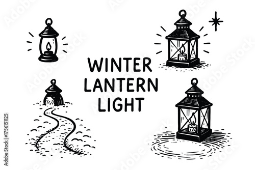 Hand-drawn black and white lanterns with candles illuminate winter pathways and reflect light, symbolizing warmth and guidance in a snowy landscape.