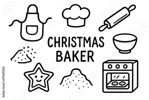 Hand-drawn black outline icons of baking items including an apron, chef hat, rolling pin, bowl, and oven surround the text 'christmas baker'.
