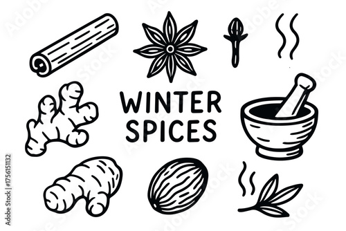 Black and white illustration featuring winter spices, including cinnamon, star anise, ginger, nutmeg, and a mortar and pestle.