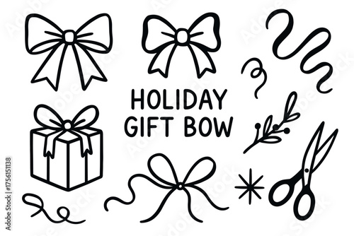 Black and white line art of various holiday gift bows with a wrapped present, scissors, and decorative elements.