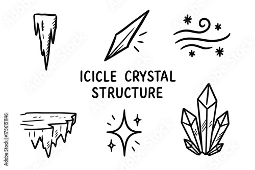 Black outline vector set of various icicle and crystal shapes with sparkling and swirling elements, ideal for winter and natural themes.