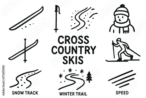 Black outline vector icons featuring cross country skiing elements including skier, ski gear, winter trail, and snow tracks in a minimal line art style.