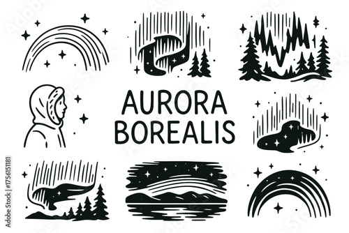 Black and white collection of aurora borealis illustrations with trees, rainbows, and a person in a hooded jacket gazing at the sky.