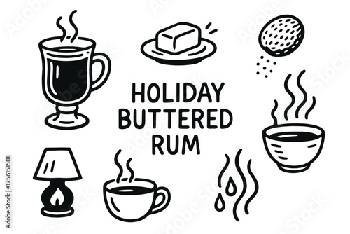 Hand-drawn black outline icons of hot beverages, steaming cups, butter, and holiday-themed elements with the text "holiday buttered rum.