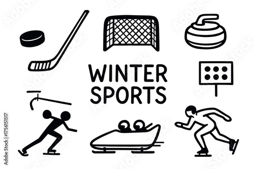 Black outline icons illustrating various winter sports equipment and activities, including hockey, curling, and bobsledding.