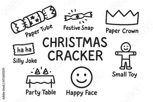Black outline vector elements of a christmas cracker, including a paper crown, small toy, festive snap, and silly joke, arranged around the central text.