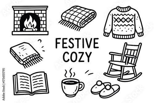 Hand-drawn illustrations of cozy winter items, including a fireplace, blanket, sweater, rocking chair, open book, hot drink, and slippers, conveying a festive atmosphere.