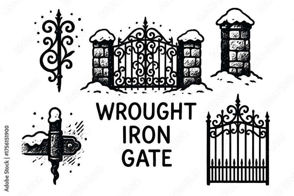 Obraz premium Black and white illustration of an ornate wrought iron gate and fence with snow-covered stone pillars, featuring intricate scrollwork and decorative spikes.