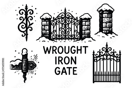 Black and white illustration of an ornate wrought iron gate and fence with snow-covered stone pillars, featuring intricate scrollwork and decorative spikes.