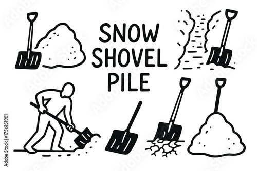 Black outline drawings of shovels and snow piles illustrating various shoveling scenes with the text "snow shovel pile" in the center.