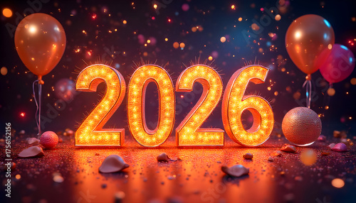 Illuminated 2026 Celebration: Radiant golden numerals mark the arrival of the year, flanked by festive balloons amidst a shower of sparkling confetti. A celebratory spectacle of anticipation.