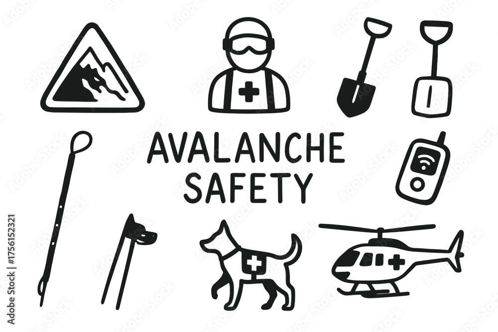 Obraz premium Black outline icons depicting various avalanche safety equipment, including a rescue dog, helicopter, and warning sign, highlighting essential tools for rescue operations.