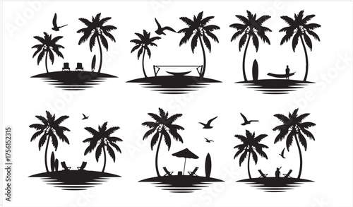 Tropical Beach Vector Set with Palm Trees and Hammock Silhouettes