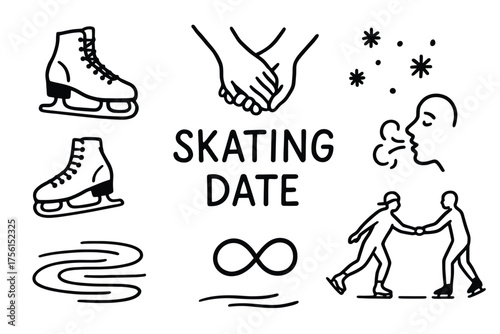 Black and white icons depicting ice skating themes, including ice skates, holding hands, a skater duo, and stylized snowflakes.