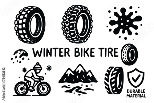 Black outline illustrations of winter bike tires, mountain landscape, cyclist in winter attire, and durability symbols conveying outdoor adventure concepts.