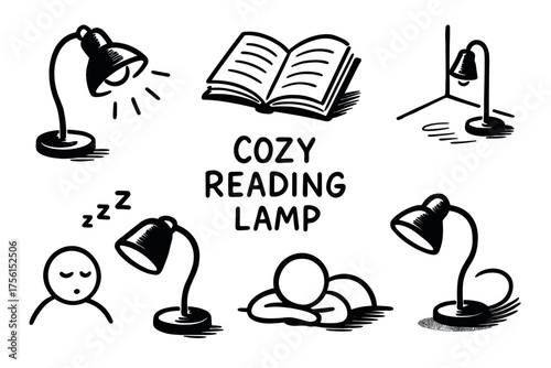 Collection of black and white drawings featuring cozy reading lamps and various stick figures expressing relaxation and sleep.