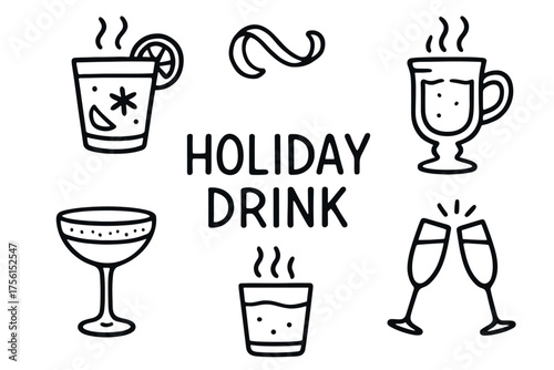 Black outline vector drawings of various holiday drinks, including cocktails and champagne, with steam and garnish, arranged around the text "holiday drink.