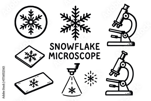 Black outline drawings of microscopes, snowflakes, and glass slides showcasing scientific and winter elements combined in a simple design.
