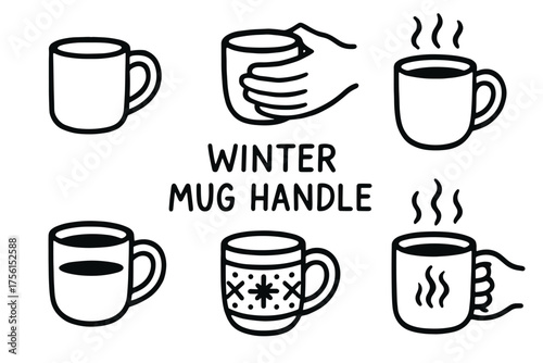 Black outline icons of various mug designs and a hand holding a mug, with a decorated winter-themed mug in the center.