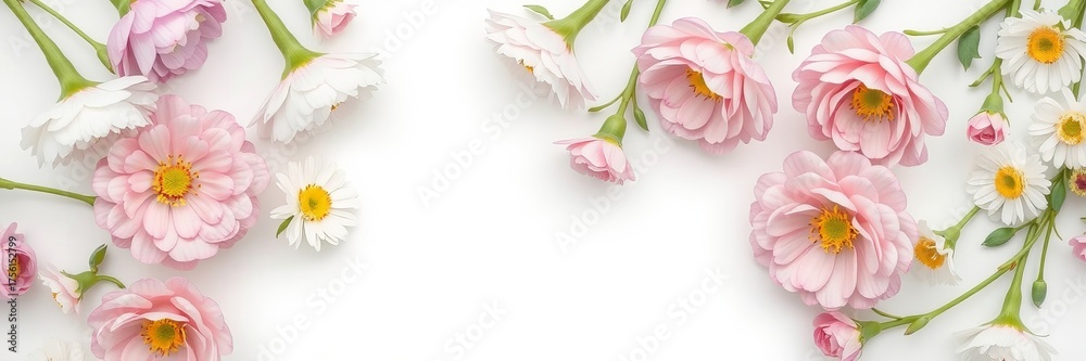 Fototapeta premium Delicate pastel pink zinnia and white daisy blossoms are beautifully arranged on a clean white background, creating an elegant floral composition.