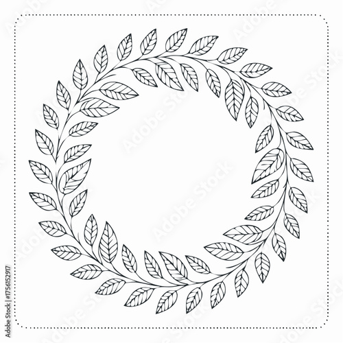 Hand drawn wreath of leaves in black and white.