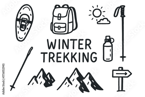 Black outline vector icons of winter trekking gear including snowshoes, backpack, walking stick, water bottle, mountains, and directional sign.