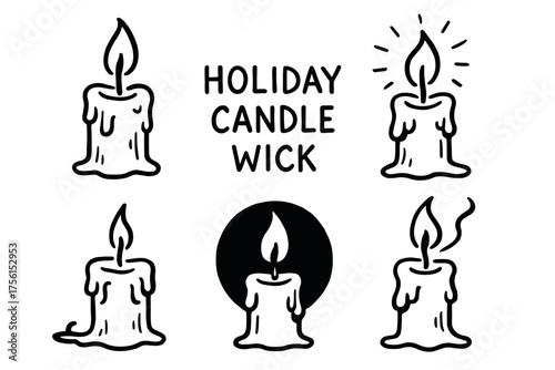 Black outline illustrations of five holiday candles with varying wick designs, including a candle with radiating light and another emitting smoke.