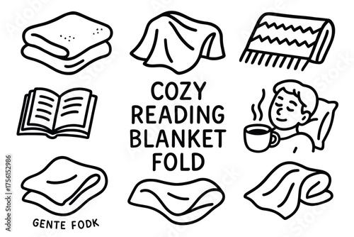Black and white line drawings of various folded blankets, an open book, and a person relaxing with a hot drink, depicting cozy reading and relaxation.