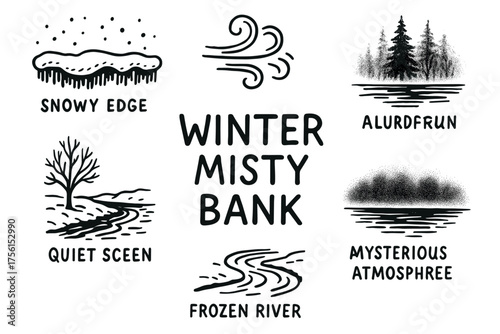 Stylized black and white graphic design showcasing a winter theme with text and abstract nature icons featuring snowy edges and misty elements.