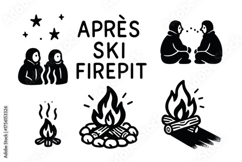Black and white graphics depicting cozy après-ski scenes, including firepit gatherings under stars and campfires with logs.