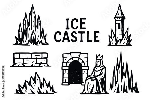 Black and white illustration of an ice castle with a tower, wall, gate, and a crowned figure sitting on a throne surrounded by icy structures.
