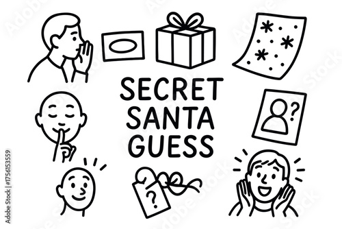Black and white line art of people making secretive gestures around a wrapped gift labeled "secret santa guess," including icons like a gift tag and starry paper.