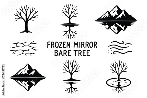 Black outline design featuring barren trees, reflective mountain landscapes, and abstract elements representing wind and cracks in ice.