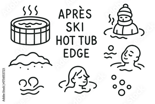 Black outline vector icon set illustrating après-ski hot tub scenes, including steaming hot tub, people relaxing, and winter clothing.