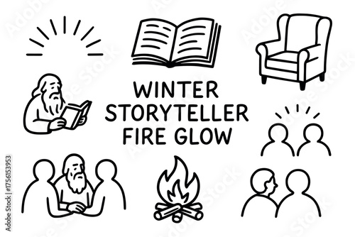 Black and white line art depicting winter storytelling themes with an open book, cozy chair, elder storytellers, and a warming fire.
