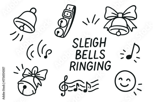 Black outline drawing of various sleigh bells and musical notes arranged around the phrase "sleigh bells ringing" in a playful style.